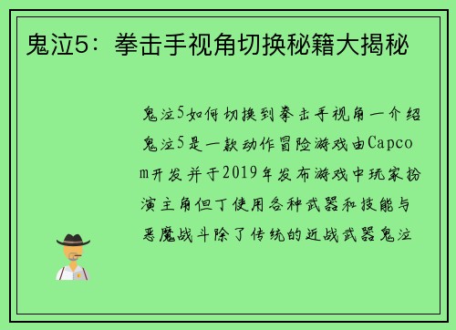 鬼泣5：拳击手视角切换秘籍大揭秘